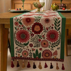 Embroidered Floral Tassel Table Runner