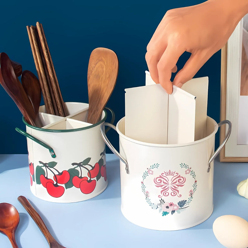 Floral Utensil Storage Basket with Divider Lid