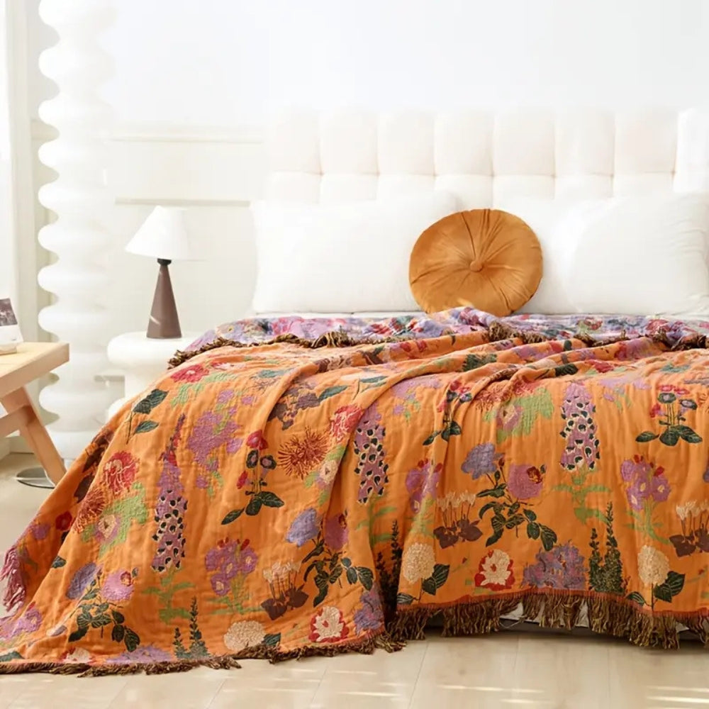 Botanic Floral Cotton Tassel Blanket