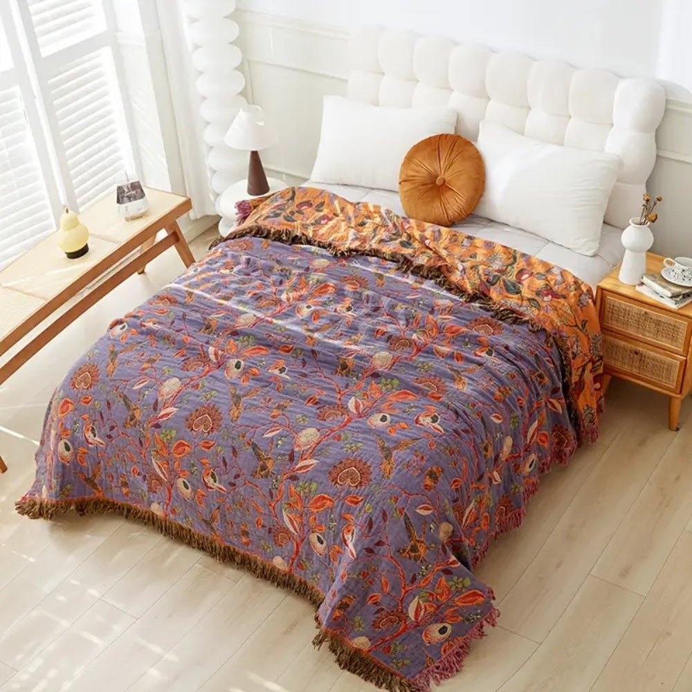 Botanic Floral Cotton Tassel Blanket