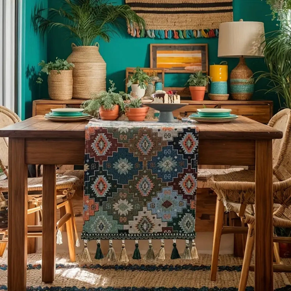 Colorful Geometric Tassel Table Runner Decor