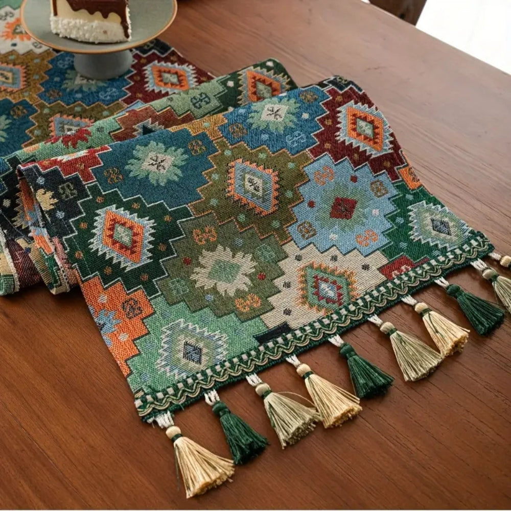 Colorful Geometric Tassel Table Runner Decor
