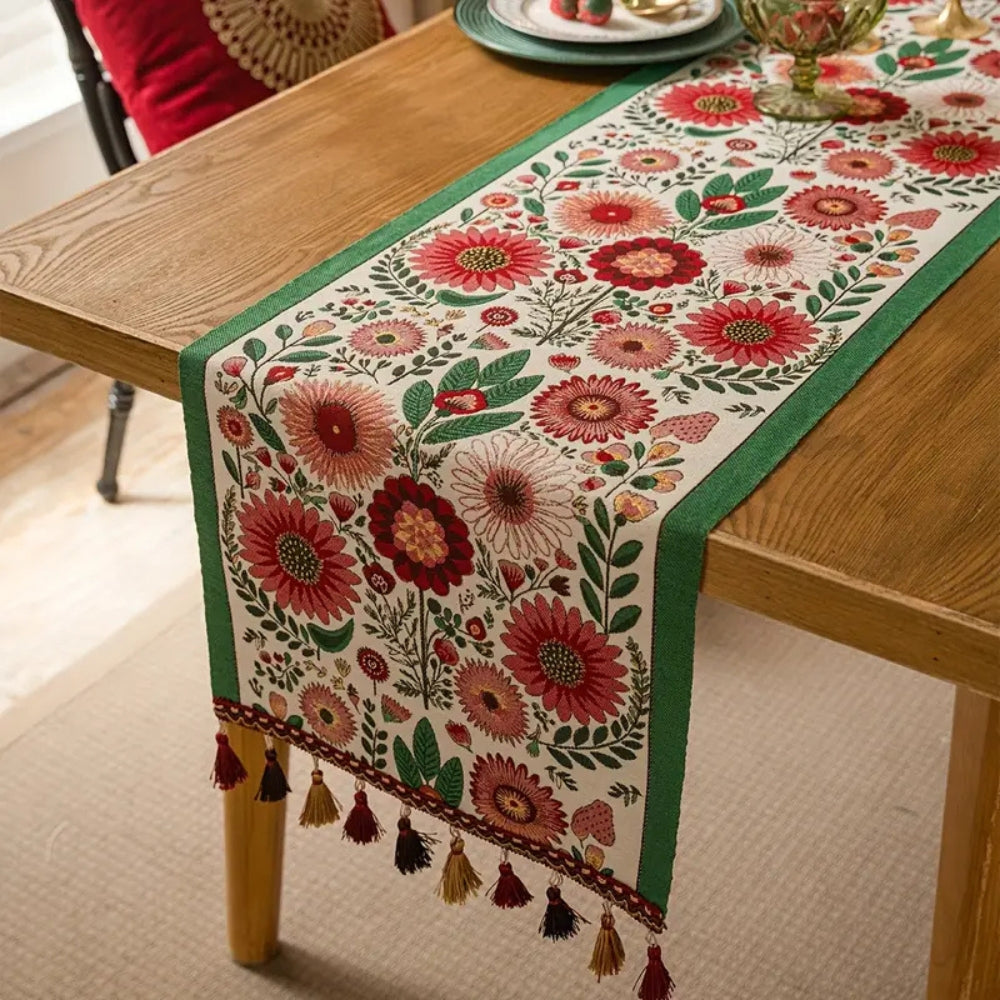 Embroidered Floral Tassel Table Runner