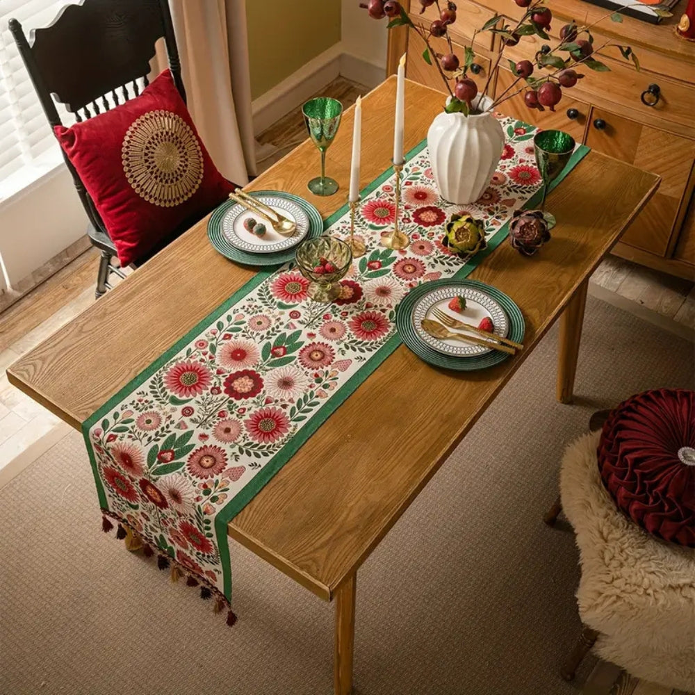 Embroidered Floral Tassel Table Runner