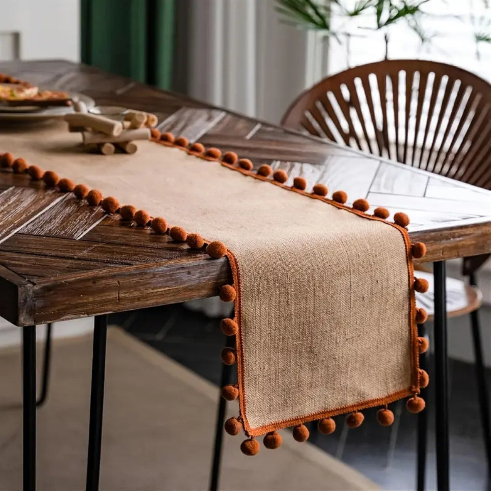 Jute Bohemian Pom-Pom Table Runner