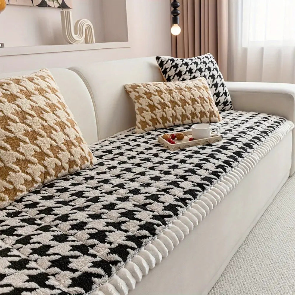 Colourful Plush Houndstooth Sofa Cover and Cushion Cover